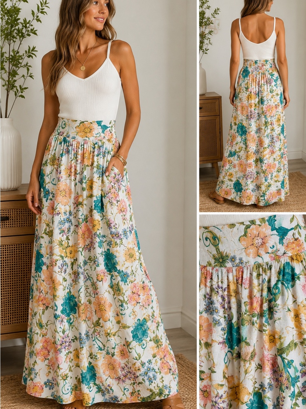 Rachel Zoe Linen Blend Floral Maxi Skirt Size Sm Cream Botanical Print